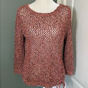 Ruby Rd. Red Multi Color Open Knit Top with Drawstring to cinch on one side